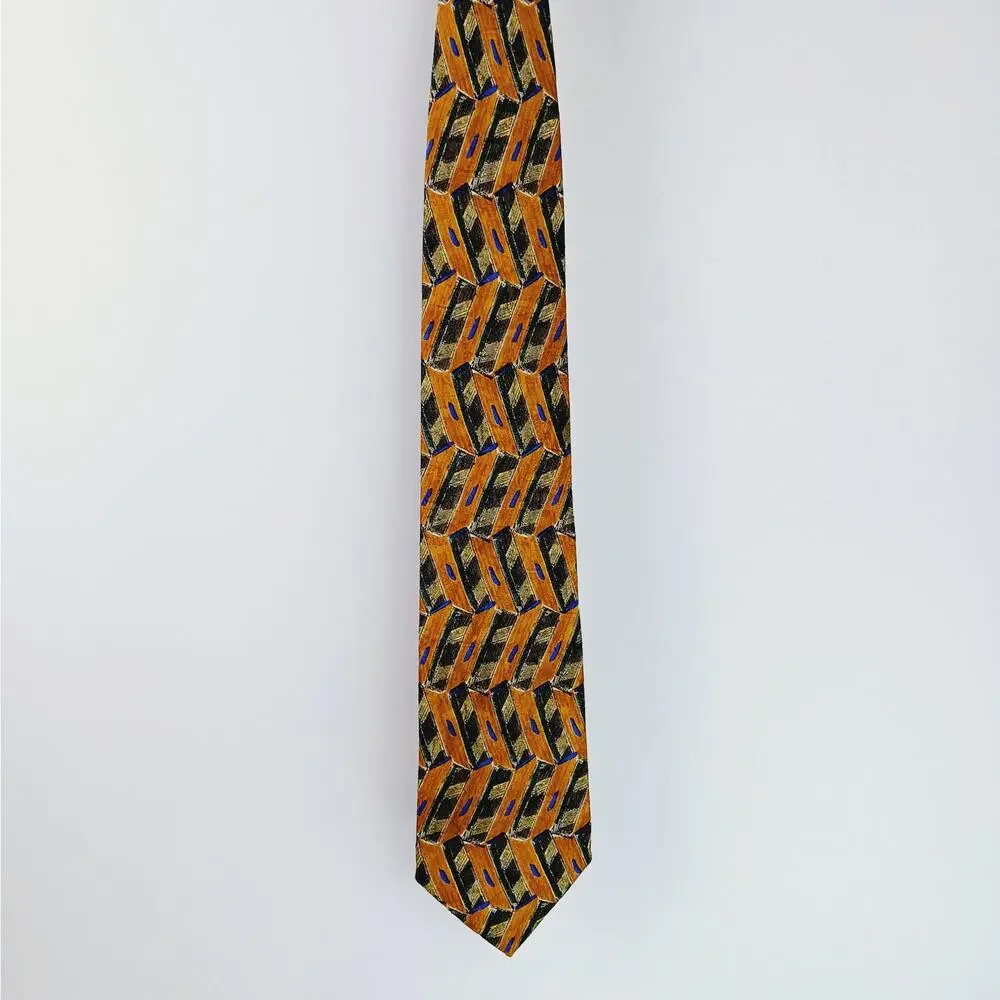 Ermenegildo Zegna Italy 100% Silk Tie Mustard Yellow Blue Green Black Geo Print